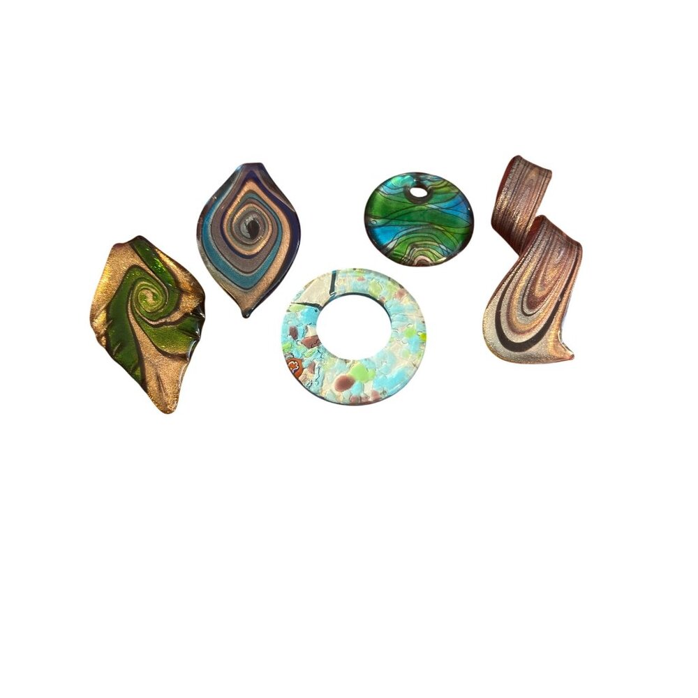 Lot 5 Dichroic Glass Pendants Charms Circle Leaf Blue Green Gold Multicolor